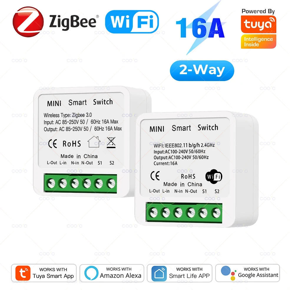 Tuya 16A Mini Wifi / ZigBee DIY Light Switches Module 2-way Control Breaker Relay Works With Smart Life Alexa Alice Google Home