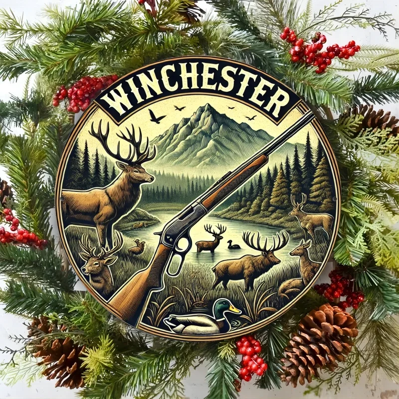 [علامة حائط مستوحاة من الطراز القديم] لافتة حائط مستديرة من الألومنيوم مستوحاة من وينشستر - مشهد صيد ريفي مع غزال وبطة