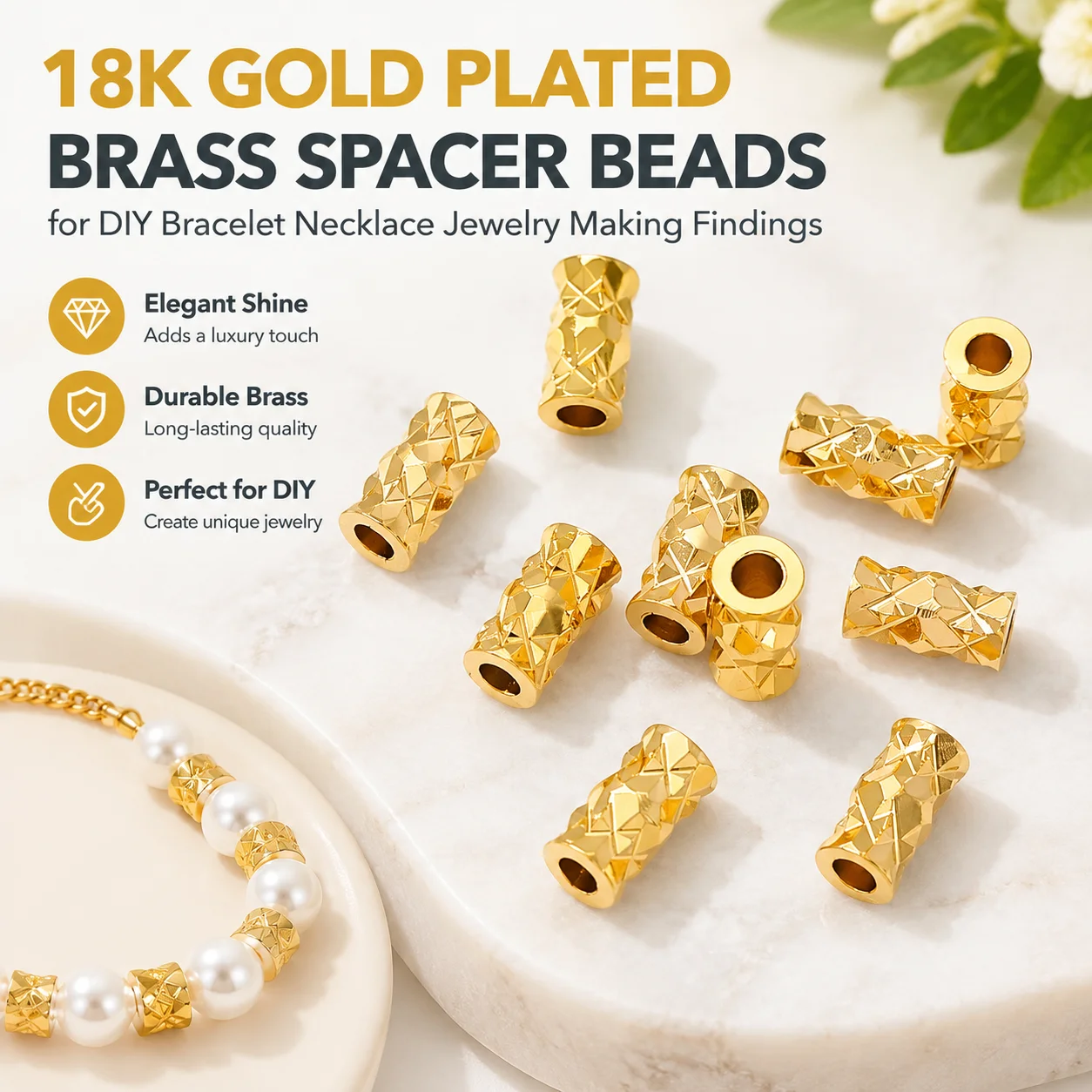 Gold Plated Jewelry - 18Kゴールドメッキの真鍮製スペーサービーズ。DIYブレスレット、ネックレス、アクセサリー作りに。