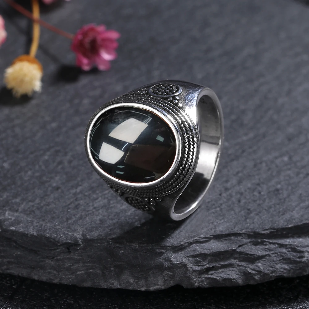 S925 Sterling SilverRing for Women Oval Round Natural Black Agate Ring Gift Sun Shaped Retro Luxury Fine Jewelry