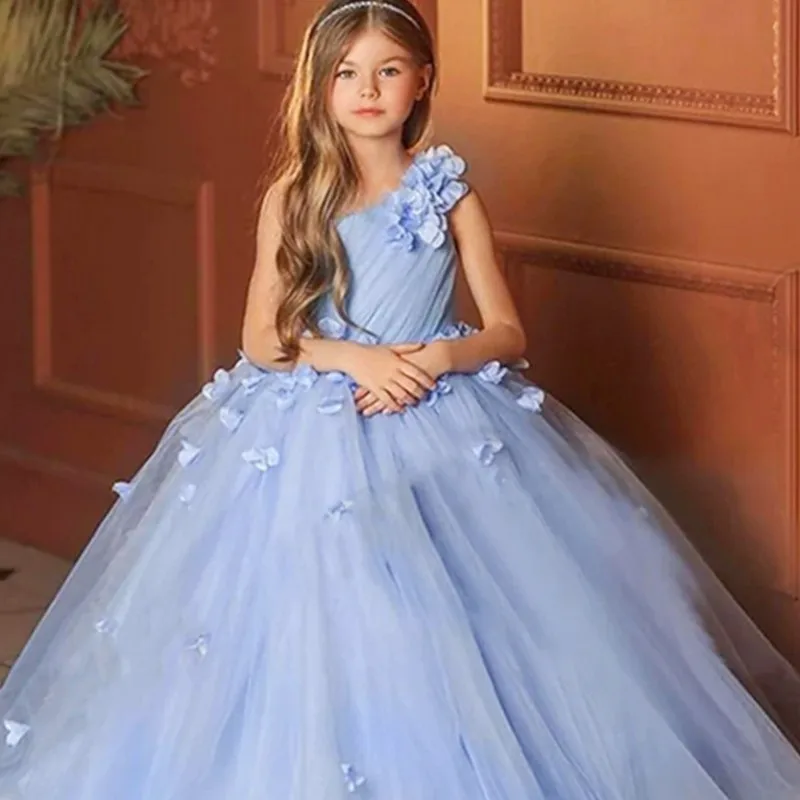 

Sky Blue Flower Girl Dresses for Wedding Tulle Princess Kids Puffy Ball Gown Evening Party Prom First Communion Pageant Birthday