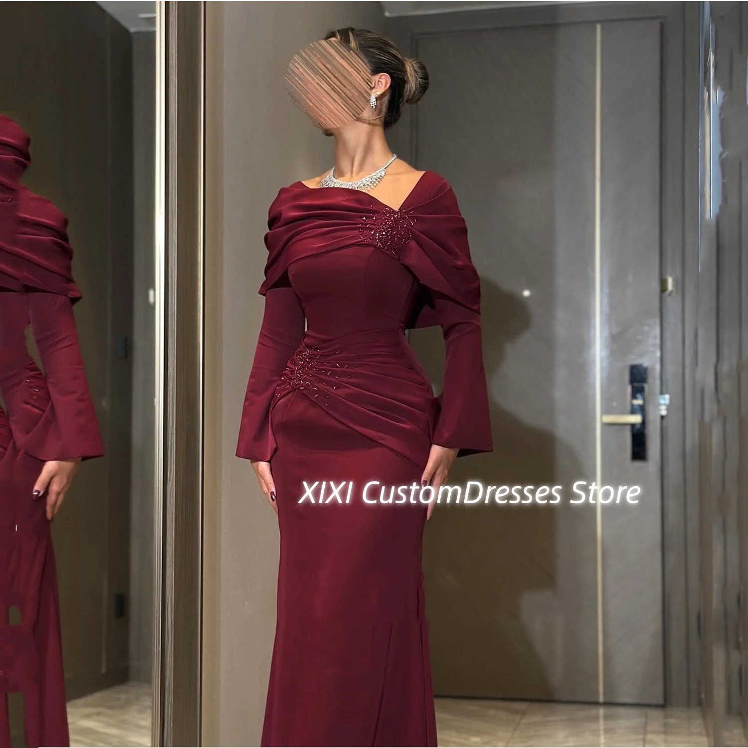 تخصيص فساتين Fساتين حورية البحر ذات العنق المربع بطول الأرض للحفلات الراقصة المحدبة وأكمام طويلة وسحاب حتى فساتين خاصة #2