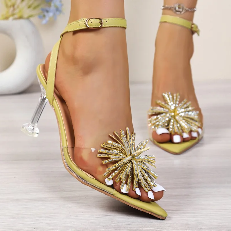 Sandales d'été à talons hauts fins et respirants pour femmes, à bout ouvert pointu, couleur unie, ajourées, avec strass