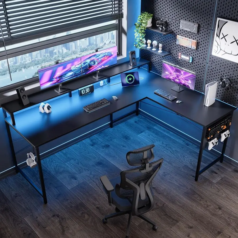 64 Inch L Shaped Gaming Desk with Power Outlets and Led Lights, Large Corner Computer Desk with Monitor Stand and Pegboard, PC