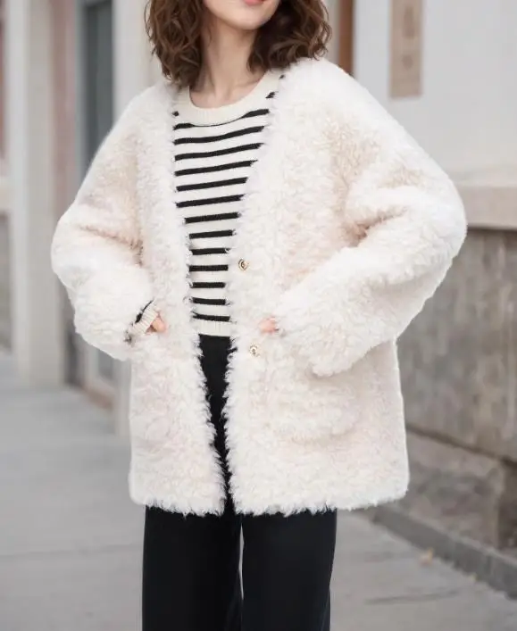 

Women's Jacket 2025 Autumn and Winter Hot Selling Fashion Lamb Wool and Plush Thick Coat Medium Long Double Pocket Loose Jacket