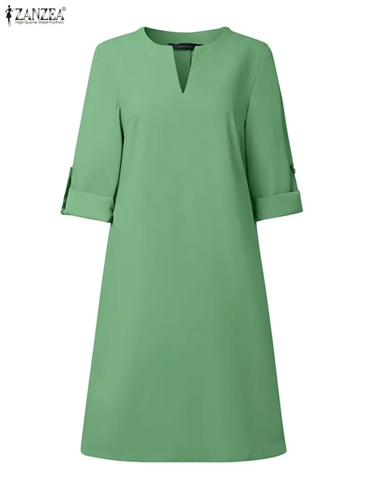 2025 ZANZEA femmes chemise longue Robe mode automne couleur unie genou longueur Robe d'été 3/4 manches décontracté ample fête robes Robe