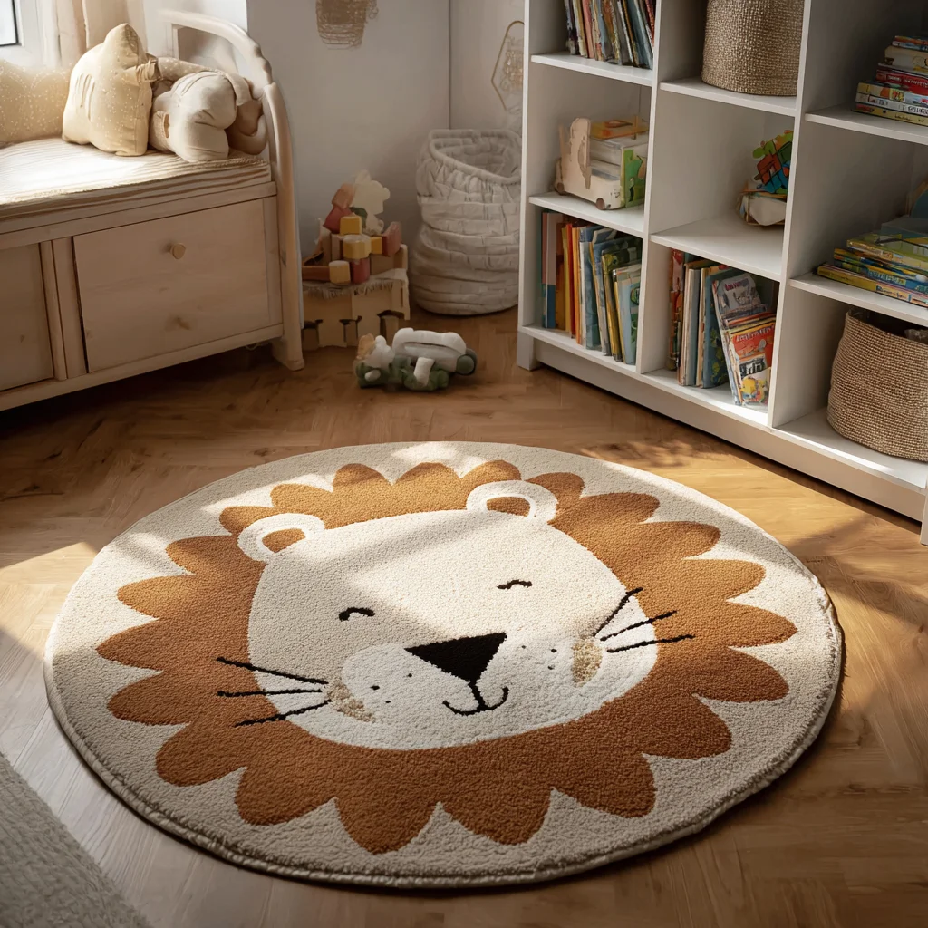 Cartoon Lion Round Bedroom Bedside Imitation Cashmere Carpet Children's Room Home Sofa Anti-Slip Carpet Home Decoration