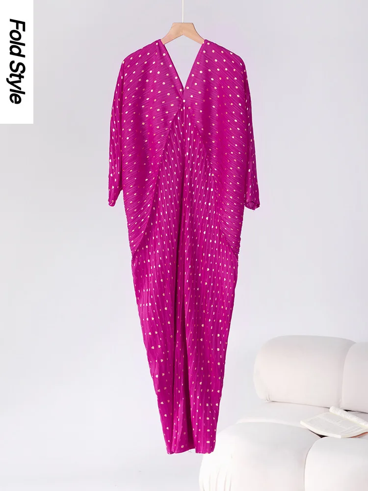 

Miyake Pleated New Temperament Loose Dress Women's Print Polka Dot Bat Sleeve V-neck Loose Seven-quarter Sleeve Long Dress