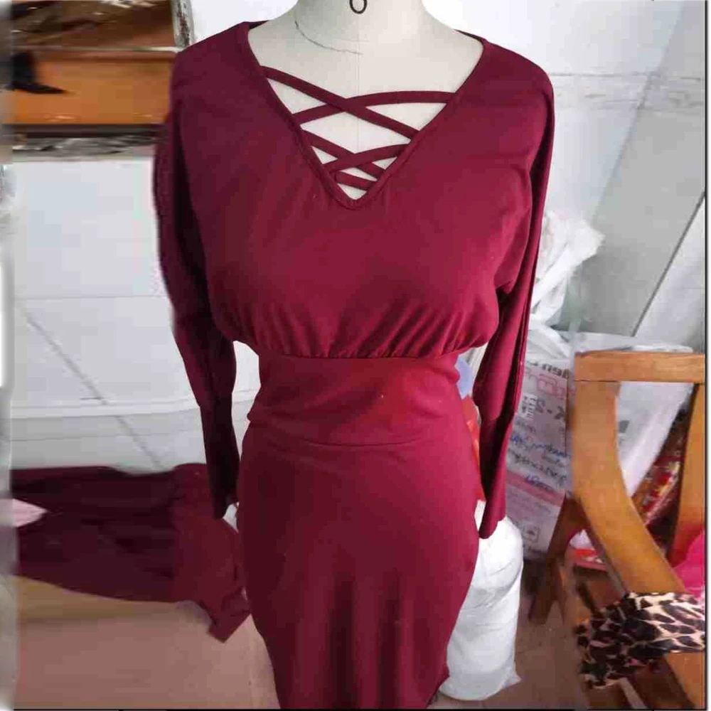 2024 Fall Women Vintage Dress Elegant Women Solid Color Bodycon Slim Party Dress V Neck Lantern Sleeve Ribbing Winter Midi Dress