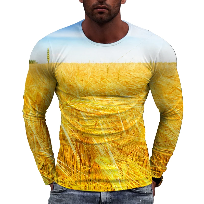 New Tide Rippling Wheat Fields Pattern  European Size long Sleeved T-shirt For Men's Casual Autumn Trend Top Round Neck Tees