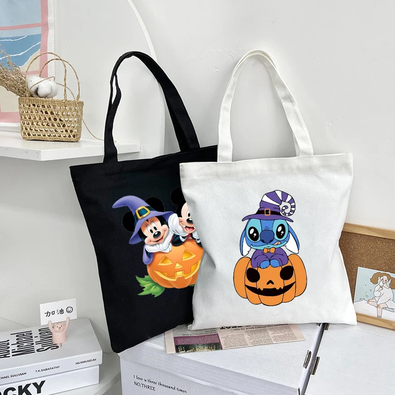 Halloween Lilo Stitch Mickey Mouse Women's Tote Bag New Canvas Large Capacity Shoulder Bag Causal Shopping Bags Women's Handbag