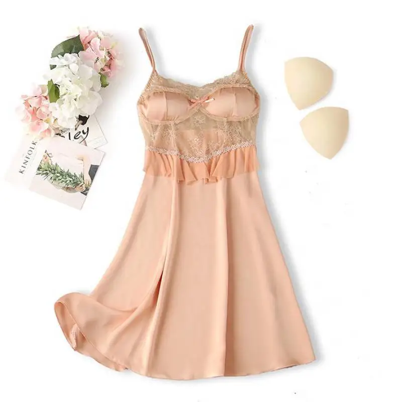 

Lace Hollow Out Nightdress Lady Sleepwear Satin Dressing Gown Lingerie Sexy Strap Nightgown Female Sleepdress Loungewear