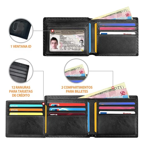 Imagen 2 del producto Cartera delgada minimalista triple de fibra de carbono con bloqueo RFID para hombre con ventana de identificación y 9 ranuras para tarjetas