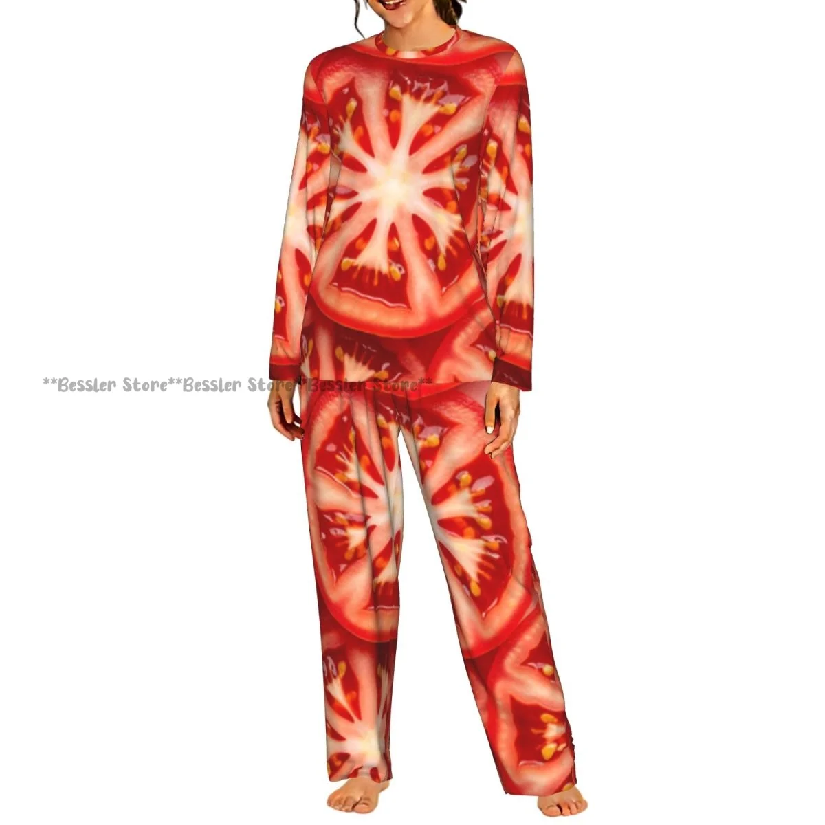 2 Piece Women Round Neck Pajamas Set Long Sleeve Long Pants Tomato Slices Pattern Homewear Casual Daily Sleepwear