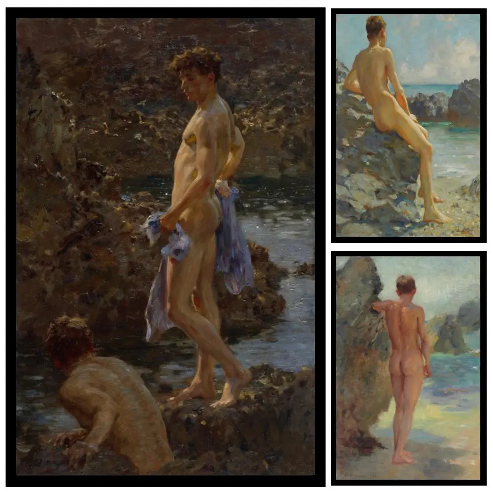 Henry Scott Tuke Nude Figure Canvas Print HD Wall Art Bather Impressionist Seascape Painting Modern Decor for Beach House Studio