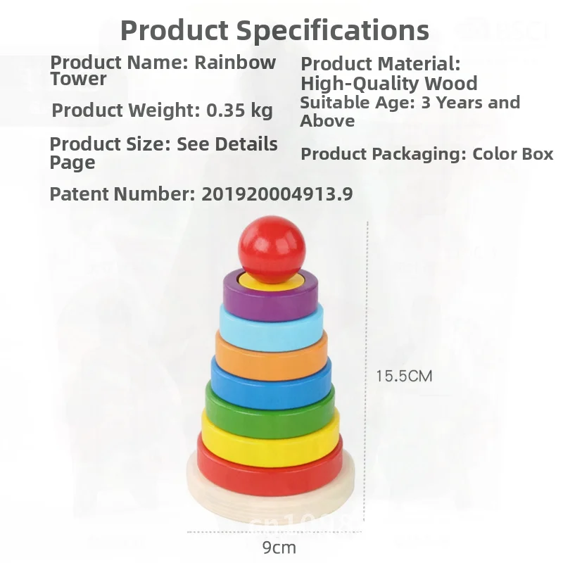 Edukacyjna drewniana wieża tęczowa Jenga - zabawka do dopasowywania kształtów i nauki kolorów dla dzieci w wieku 3-6 lat, warstwowy design w kształcie koła dla