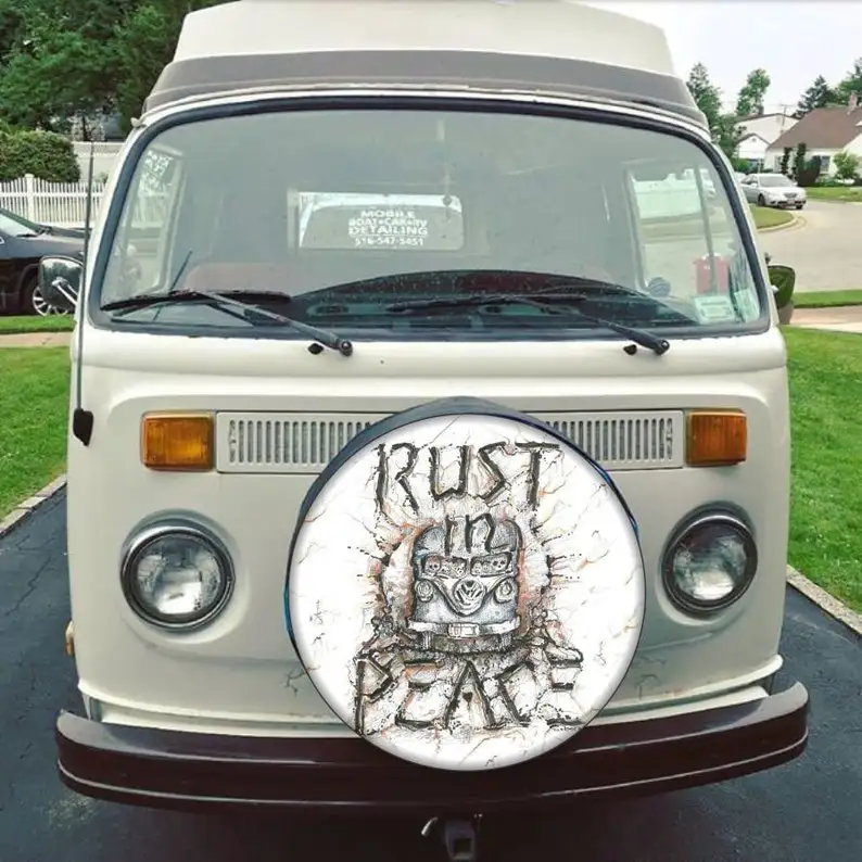 

Rust in Peace Van Bus Spare Tire Cover ~ ALL Sizes available in menu~ Camera opening option in Menu ~ Heavy Duty Tire Protector