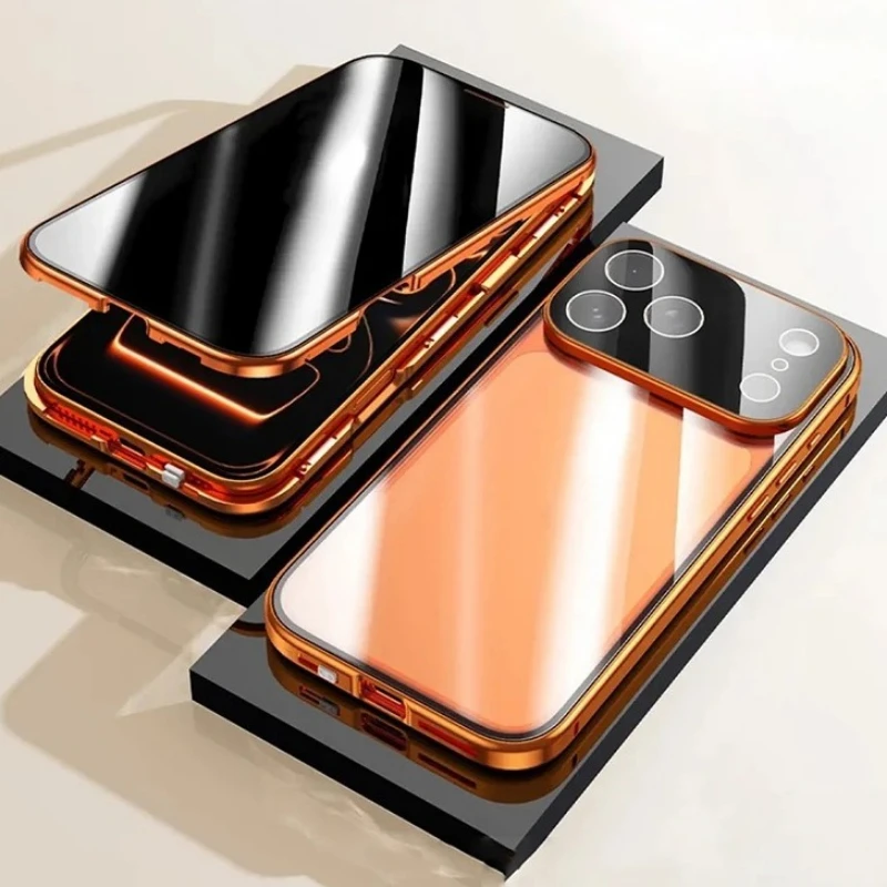 360 ° Full Protection Metal Magnetic Double-Sided Glass Snap Lock Privacy Case For iPhone 17 16 15 14 Plus 13 12 11 Pro Max 16E
