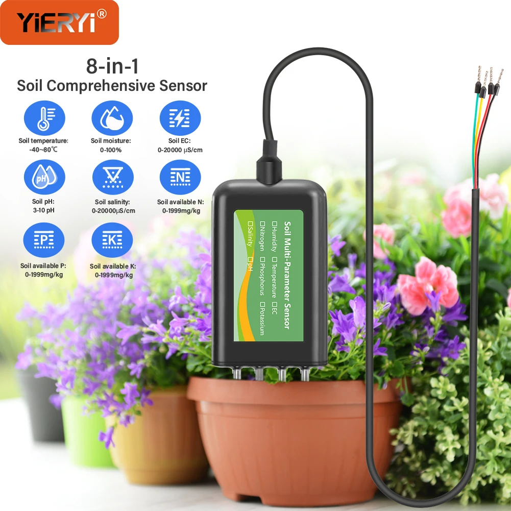 YIERYI Soil Multi-Parameter Sensor RS485 8-in-1 pH EC Moisture Temperature Salinity NPK Meter for Smart Farming and Garden Care