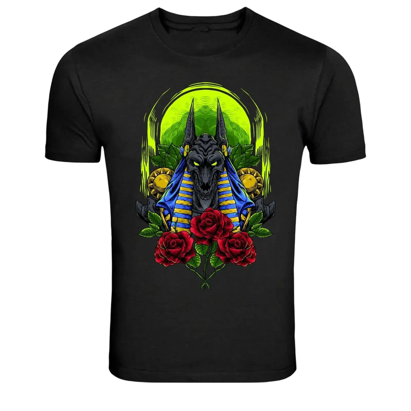 Anubis Skull Egyptian God Roses Dark Mythology T-Shirt im Vintage-Stil, gewaschen, atmungsaktiv, bequem, lässig, Herrenmode-Grafik