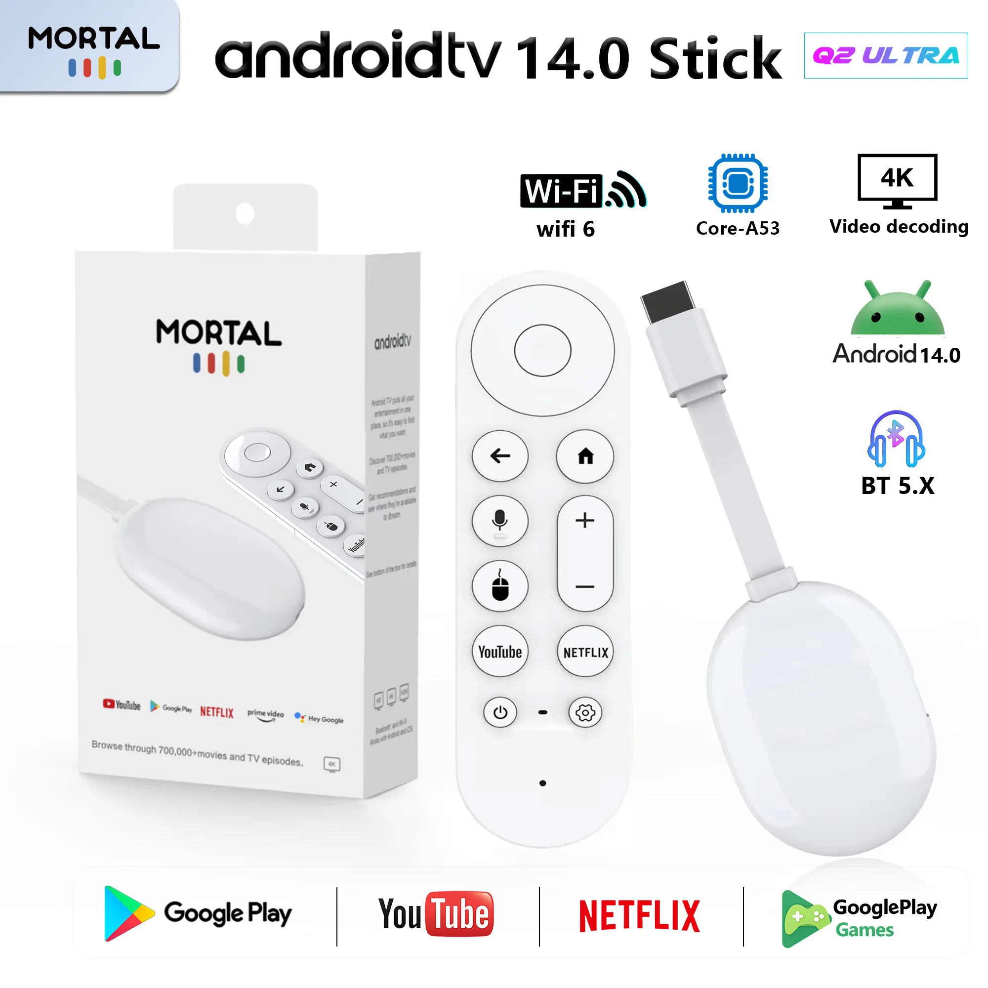 Clé TV Mortal Q2 Ultra BT5.X, version internationale, Android 14.0, Wi-Fi 6, streaming sans fil, HDMI, multilingue, Rockchip 3518