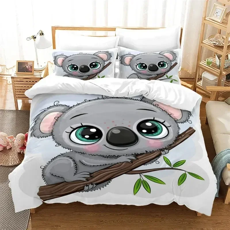 

Koala Duvet Cover Microfiber Cute Animal Leaves Flowers Bedding Set Sheet Printed Bed Set Pillowcase Bed Full Queen King Size