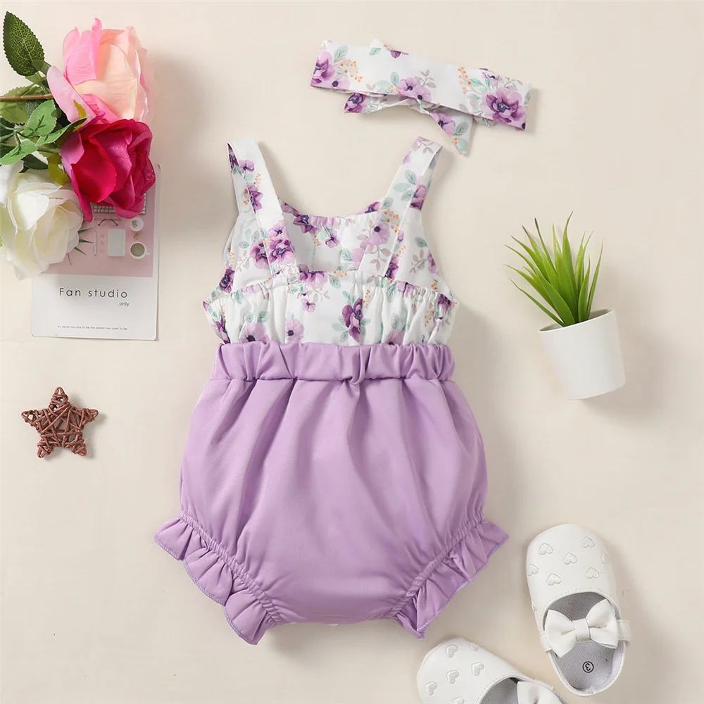 0-18 Months Old Newborn Floral Bow Colored Patchwork Bodysuit+Head Band Suitable for Cute Summer Girl Baby One Year Photo Outfit