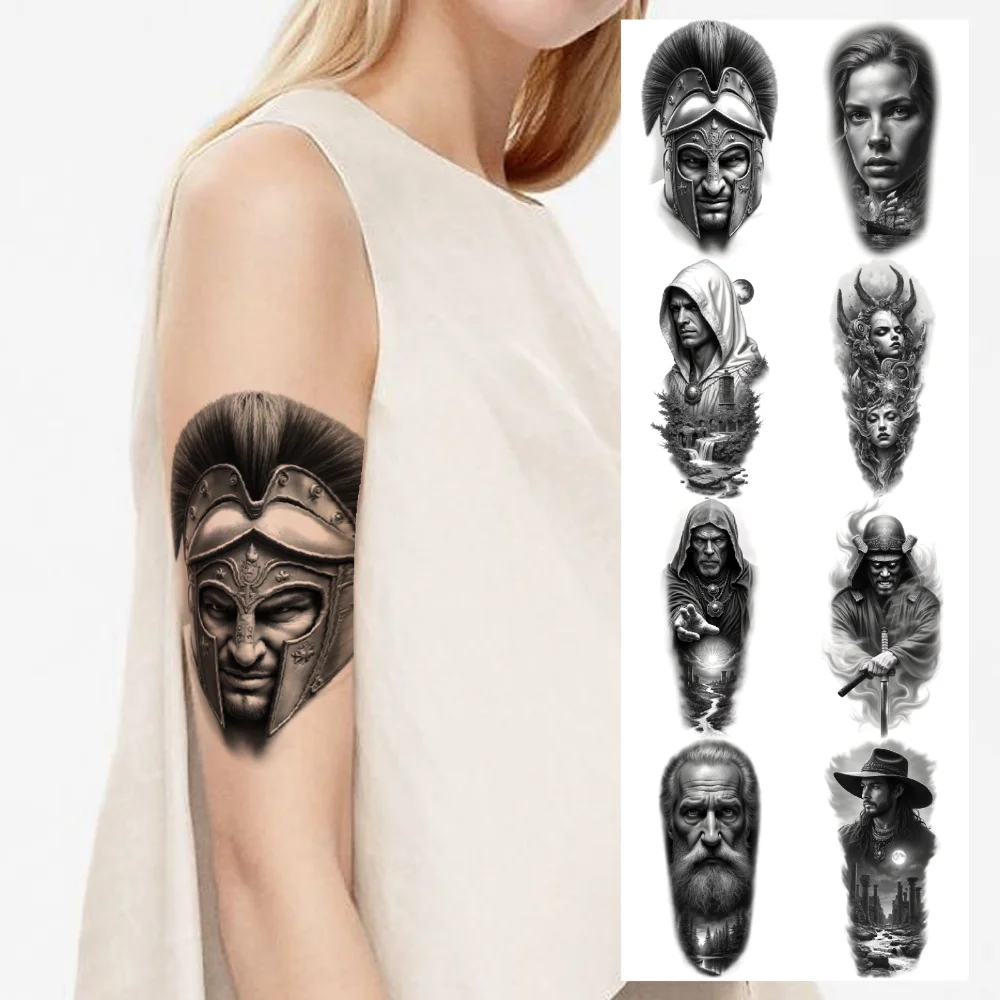 

12pcs Temporary Tattoo Black And Grey Realism Warrior Tribal Leader Sun Goddess For Men Thighs Arms