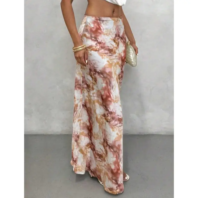 Ele Una línea de falda midi con estampado completo transfronterizo nuevo modelo Vintage Sle Ciwalk pantalones de nueve piezas Micro poliéster elástico