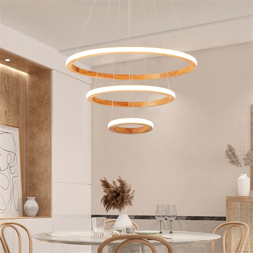 Japanese style circle wood LED dimming chandeliers lights living room retro Nordic modern restaurant pendant lamps fixtures