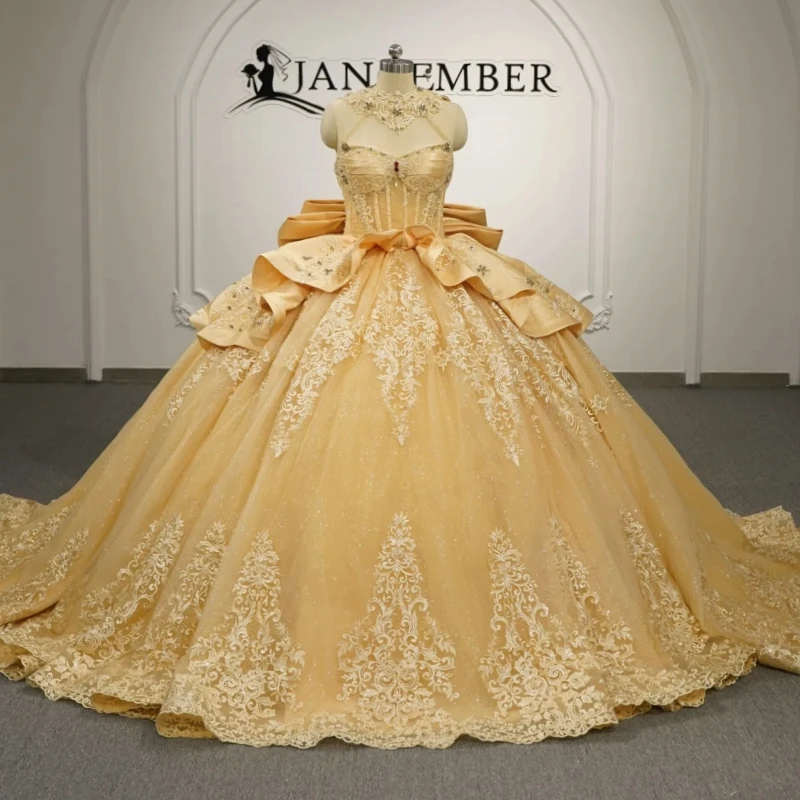 

Yellow Shiny Ball Gown Quinceanera Dresses Applique Lace Beading Crystal Bow Tull Corset Off Shoulder Sweet 16 Dress vestidos 15