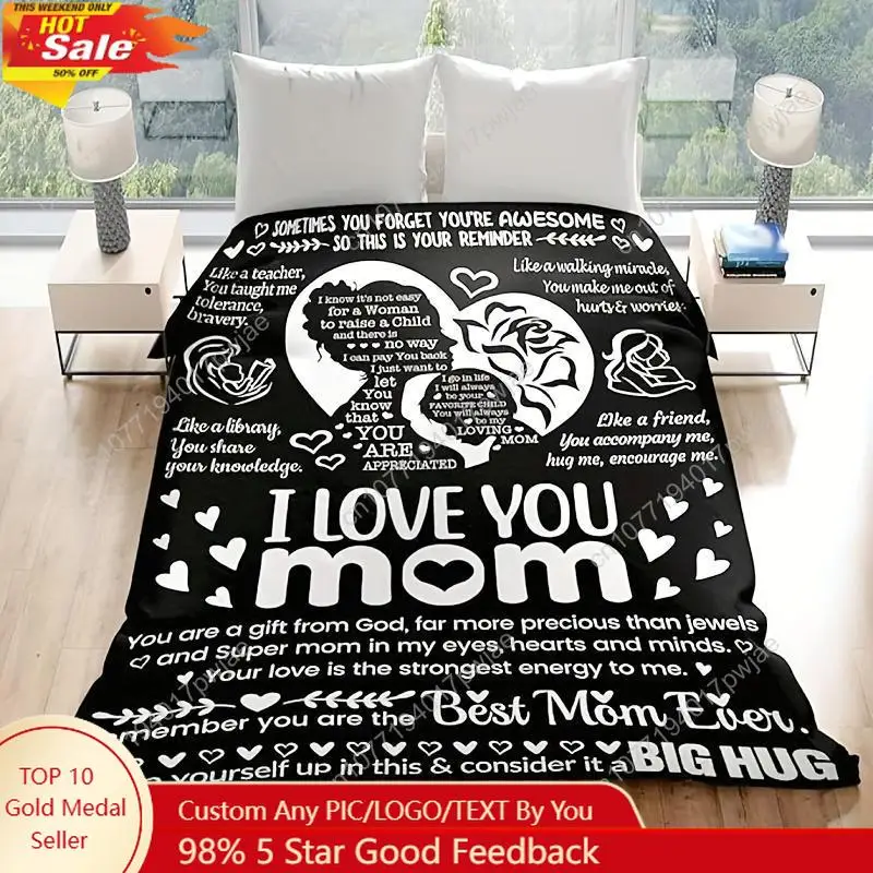 Precious Mom Gift - Ultra-Soft Flannel Heart-Shaped Poetic Blanket, Black and White Floral Design | Perfec Custom blankets