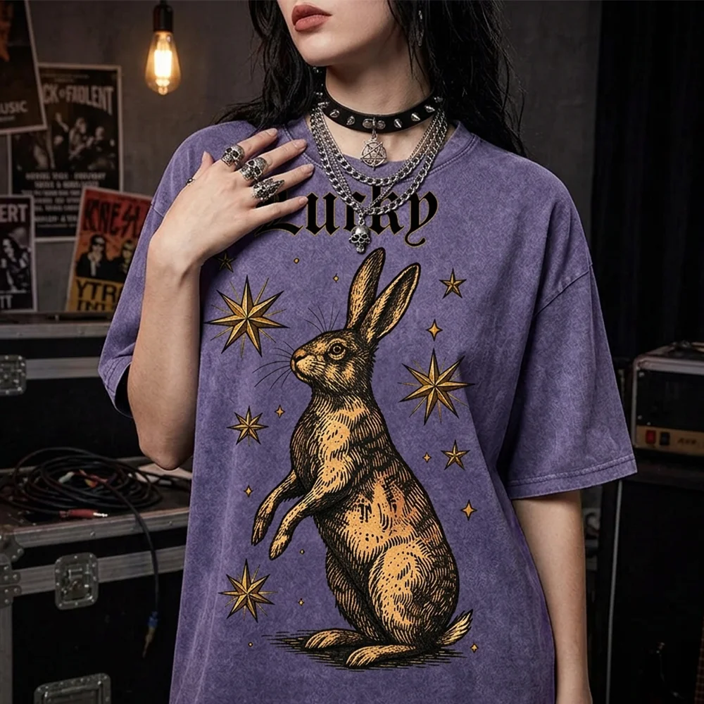 Women Lucky Rabbit Star Print T Shirt Vintage Retro Graphic Tee Summer Short Sleeve Top Casual Streetwear Fashion Clothing ﻿
