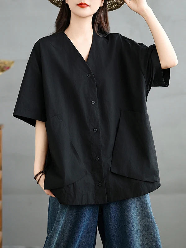 Loose Pure Color mujer irt verano Faion Big ket v-ne adelgazamiento longitud media coreano Sle Casual ropa de oficina