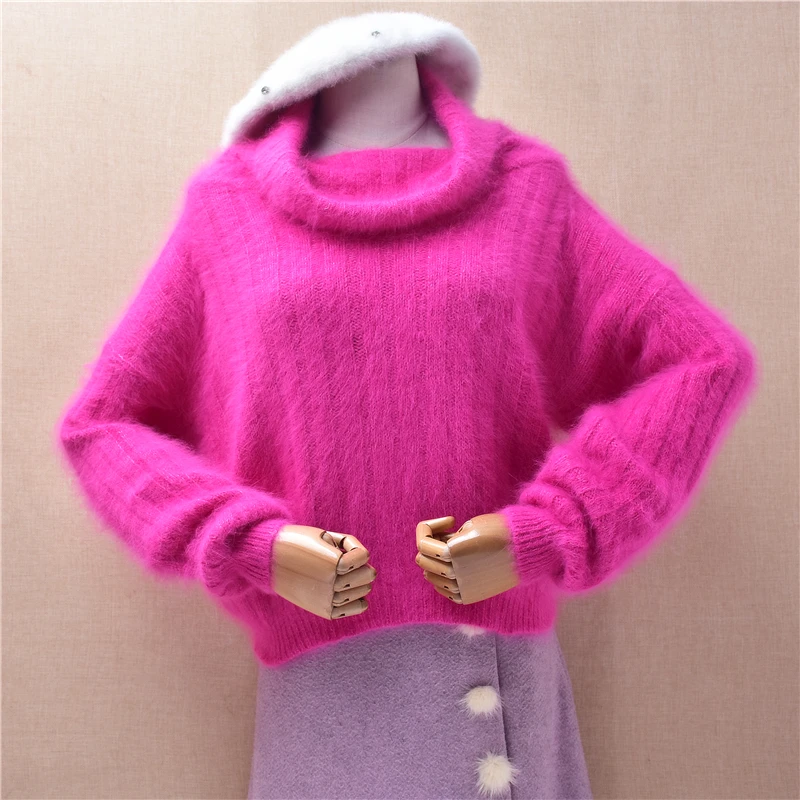 

Женский модный осенне-зимний укороченный свитер-джемпер из ангоры с высоким воротом, длинными рукавами и свободным кроем