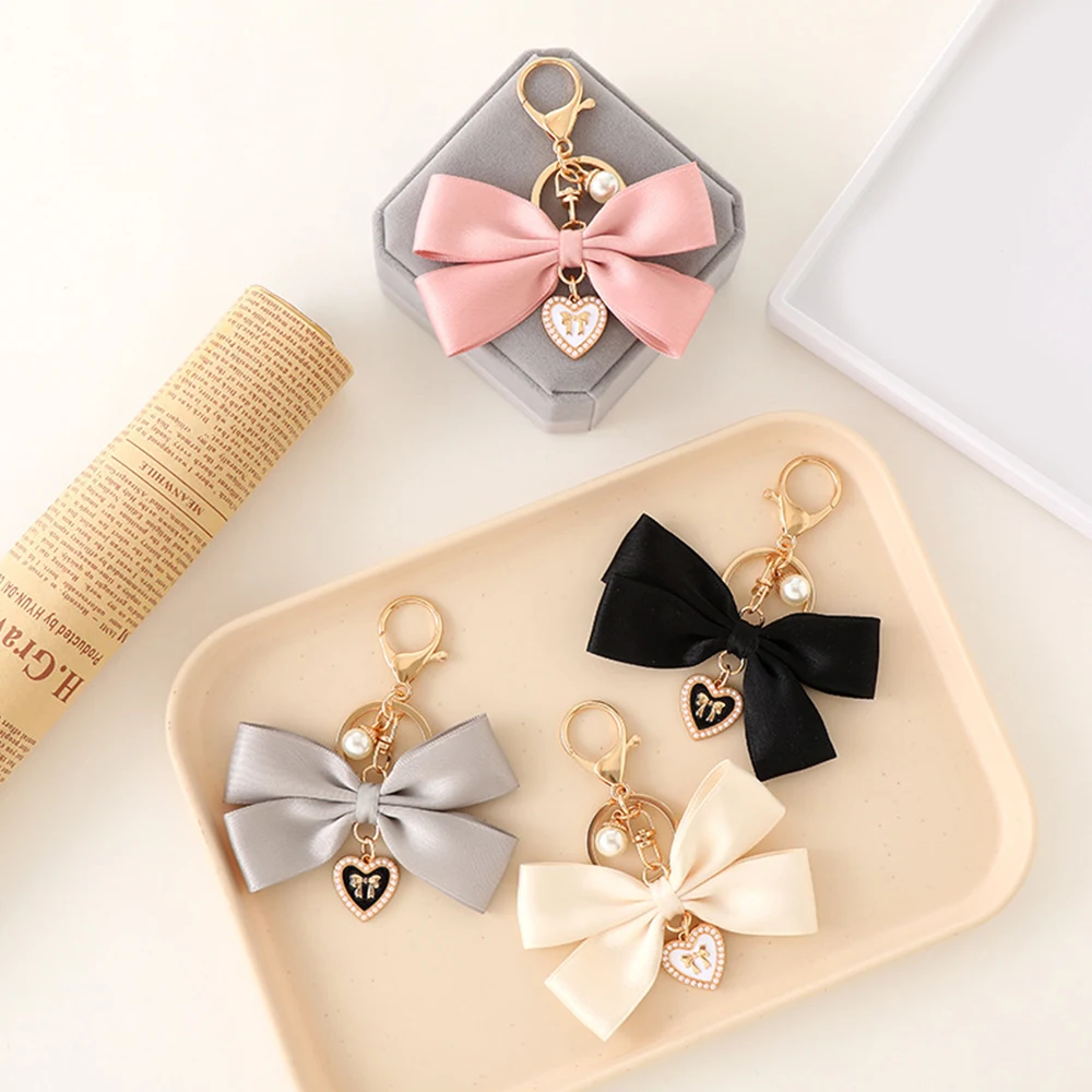 New Style Cloth Bowknot Keychain Bag Charm Ornament Mobile PendantFabric Ribbon Bow Keyring Car Key Holder With False Pearl