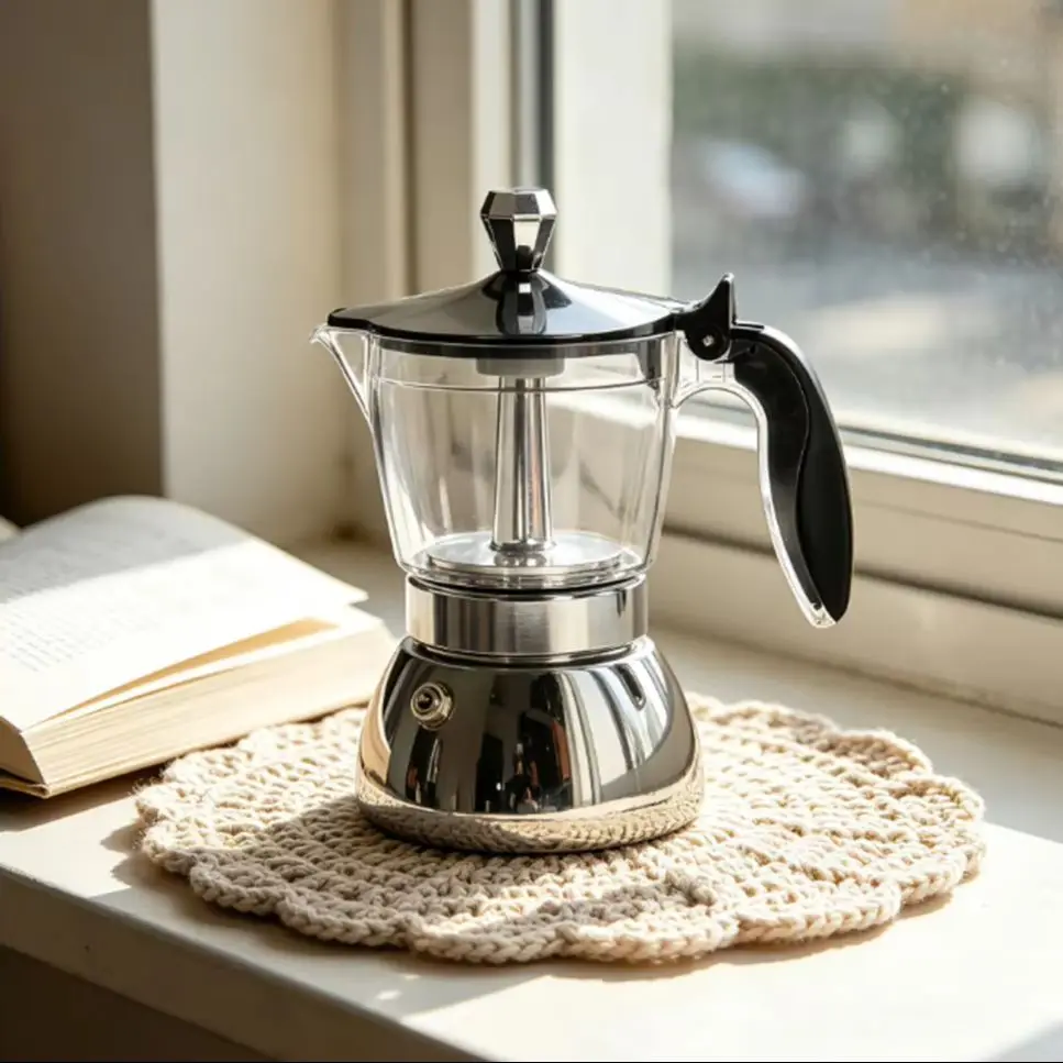 4/6 See-Through Stainless Moka Pot. Unique Clear Resin Body, 430 Base. Home/Office/Camping Use. Works on Induction & Gas