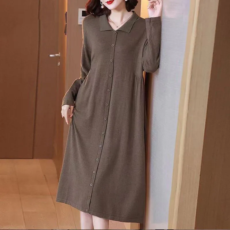 Autunno inverno donna vestito 2023 nuova moda coreano sciolto solido Casual colletto rovesciato Pullover bottone femminile maglione fondo lungo