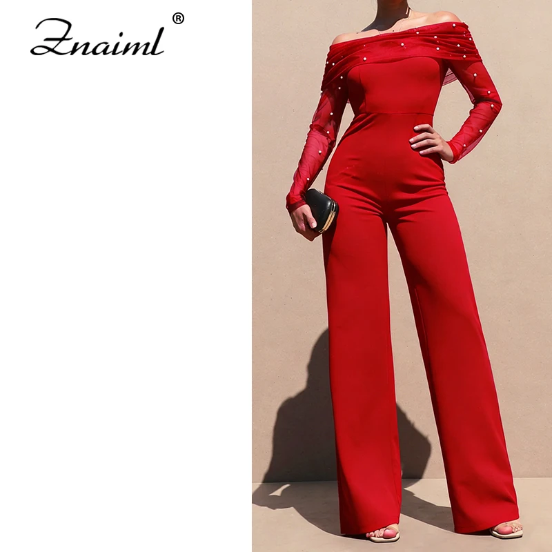 Znaiml Pearl Mesh Patchwork Jumpsuit Women Sexy Off Shoulder Slash Neck Long Sleeve Elegant Wide Leg Pants Party Overalls 2026