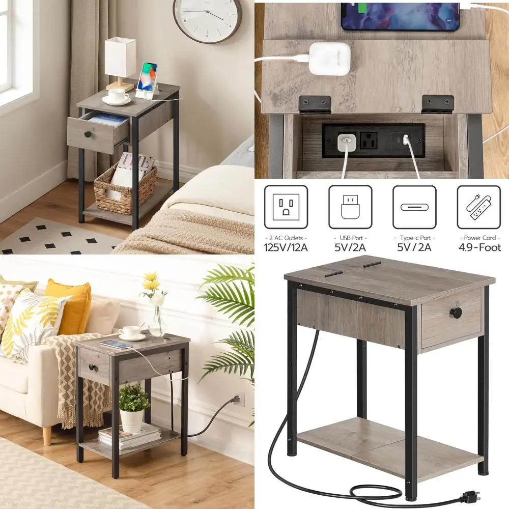 

Compact Charging Station Nightstand with Drawers and Storage for Small Spaces, Living Room, and Bedroom in Greige and Black