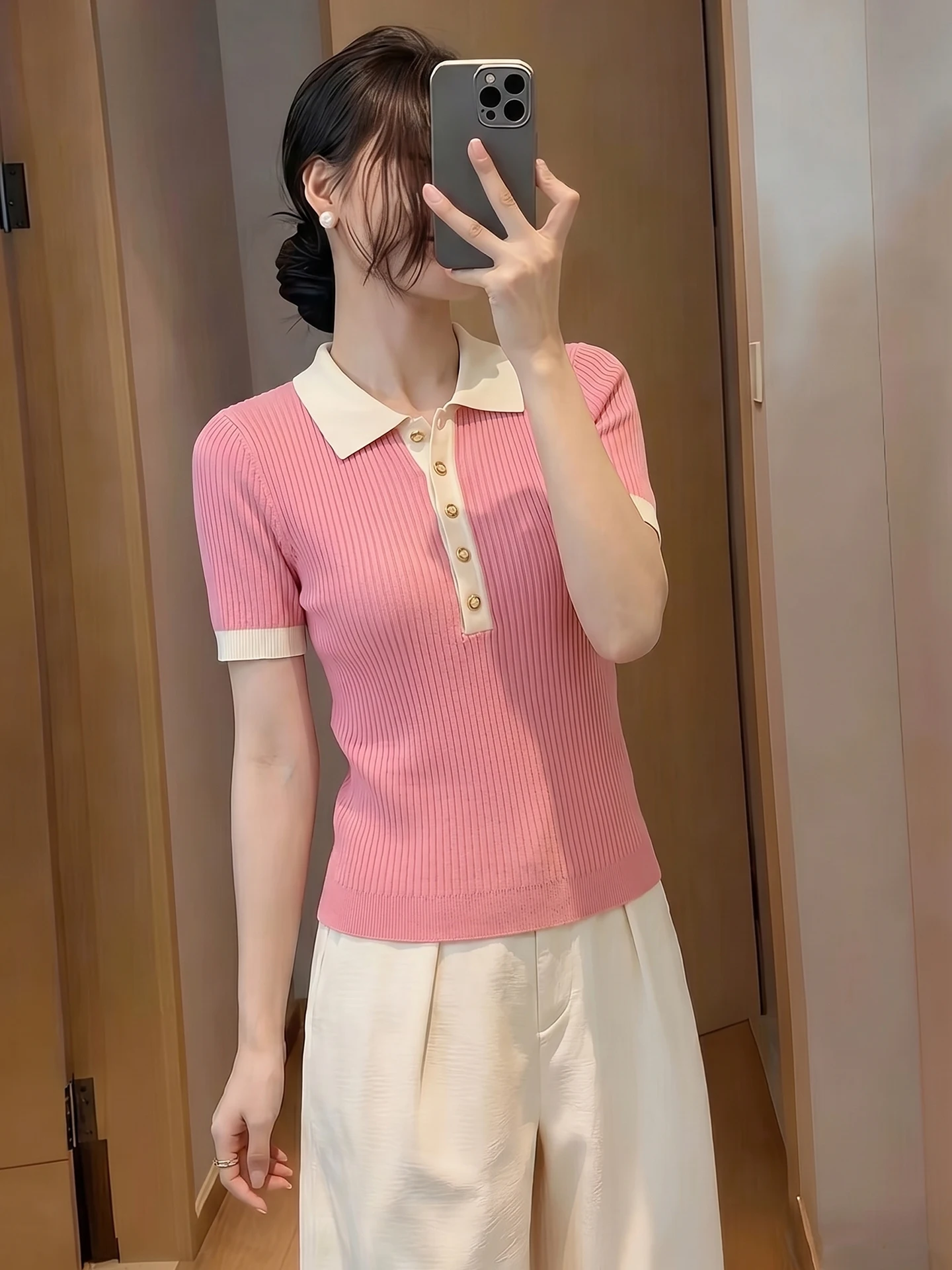 

Fashionable Knit Shirt Women's Short Sleeve Color Block Design Summer Slimming Korean Style Commute Wind Straight Tube Type