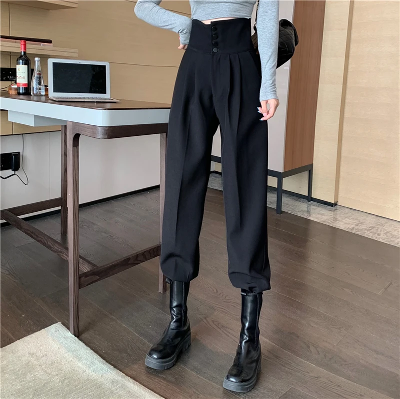 Women Harem Pants Korean Casual Spring Autumn High Waist Trousers Female Solid Buttonn Dressing Relaxed Fit Pleated Pants