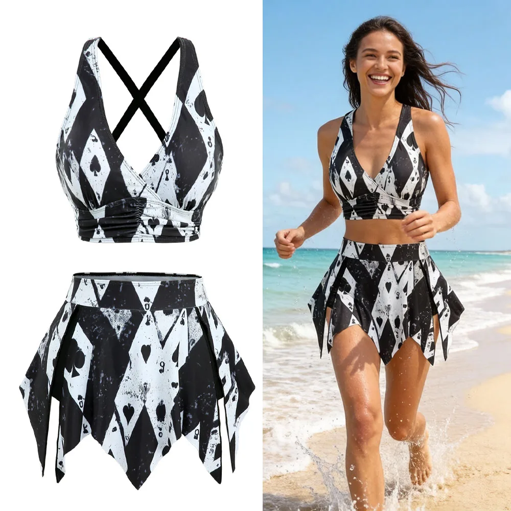 set-bikini-gotico-con-scollo-a-v-profondo-e-top-con-spalline-incrociate-costume-da-bagno-a-due-pezzi-con-gonna-e-grafica-poker-in-bianco-e-nero