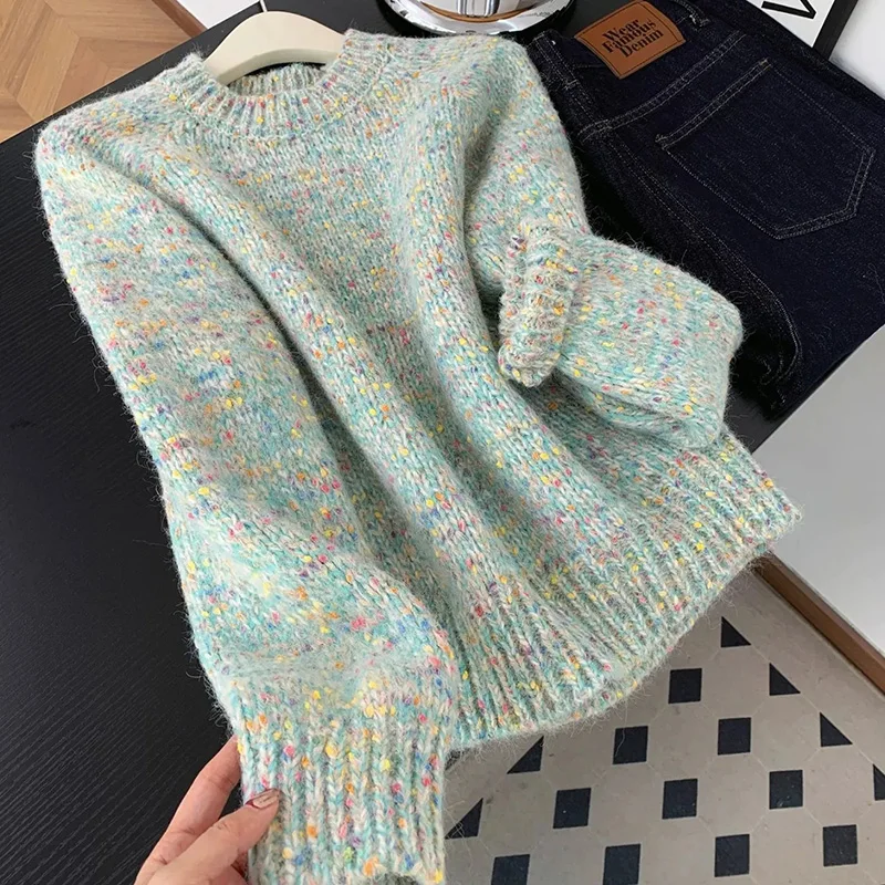 

Autumn New Sweet Dot Colored Pink Pullover Women Korean Fashion O Neck Cute Knitted Jumper Vintage Long Sleeve Female Tops