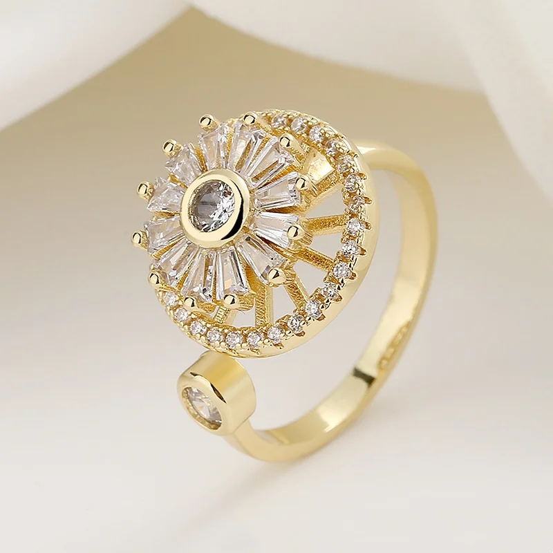Versatile Flower Rotatable Cubic Zirconia Size Adjustable Rings For Women Gold Copper Metal Ring Party Jewelry image 3