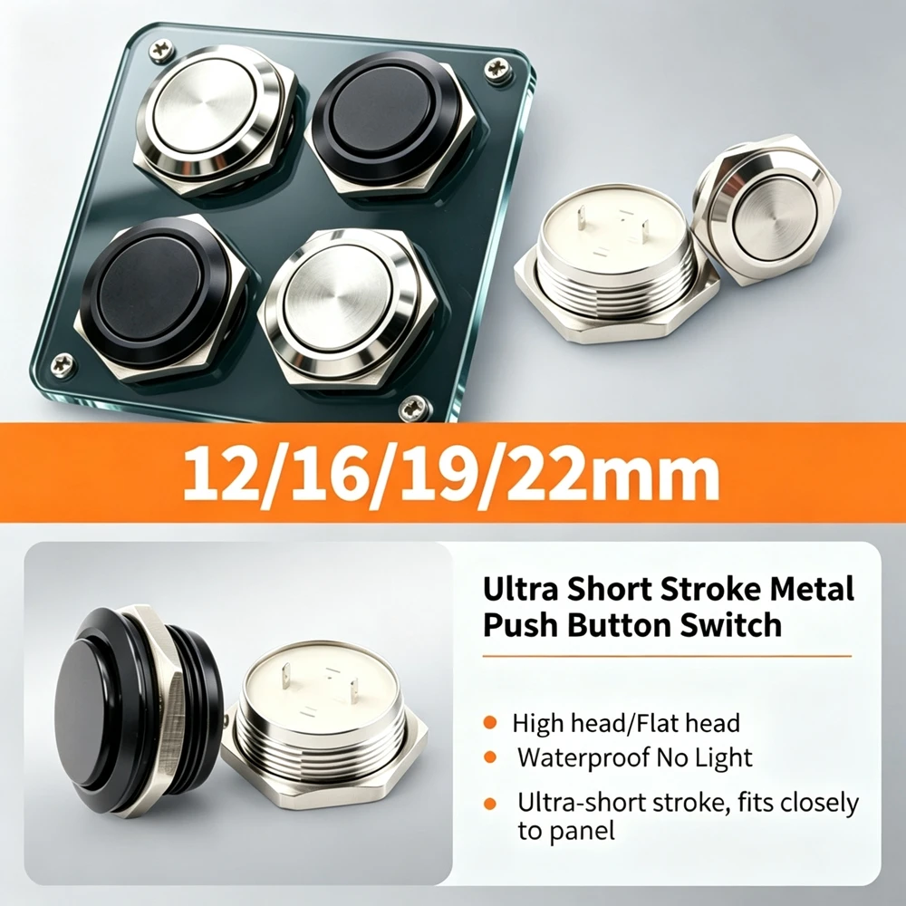 12/16/19/22mm Short Stroke Metal Button Switch IP67 Waterproof 1NO Instantaneous Pin Terminal Panel Mount Industrial Control