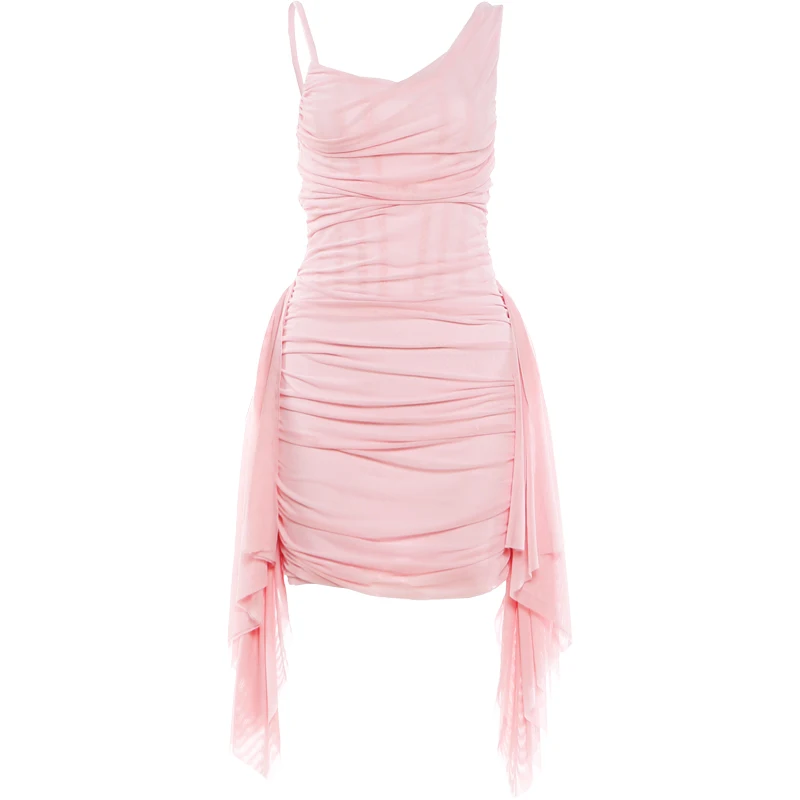Nibber Elegantes Kleid für Damen mit Rüschen, Quasten, Falten, tiefem Ausschnitt, Patchwork, Mesh, ärmellos, für Abschlussball, Party, Sommer, schick, Mini-Bodycon – Detail 2