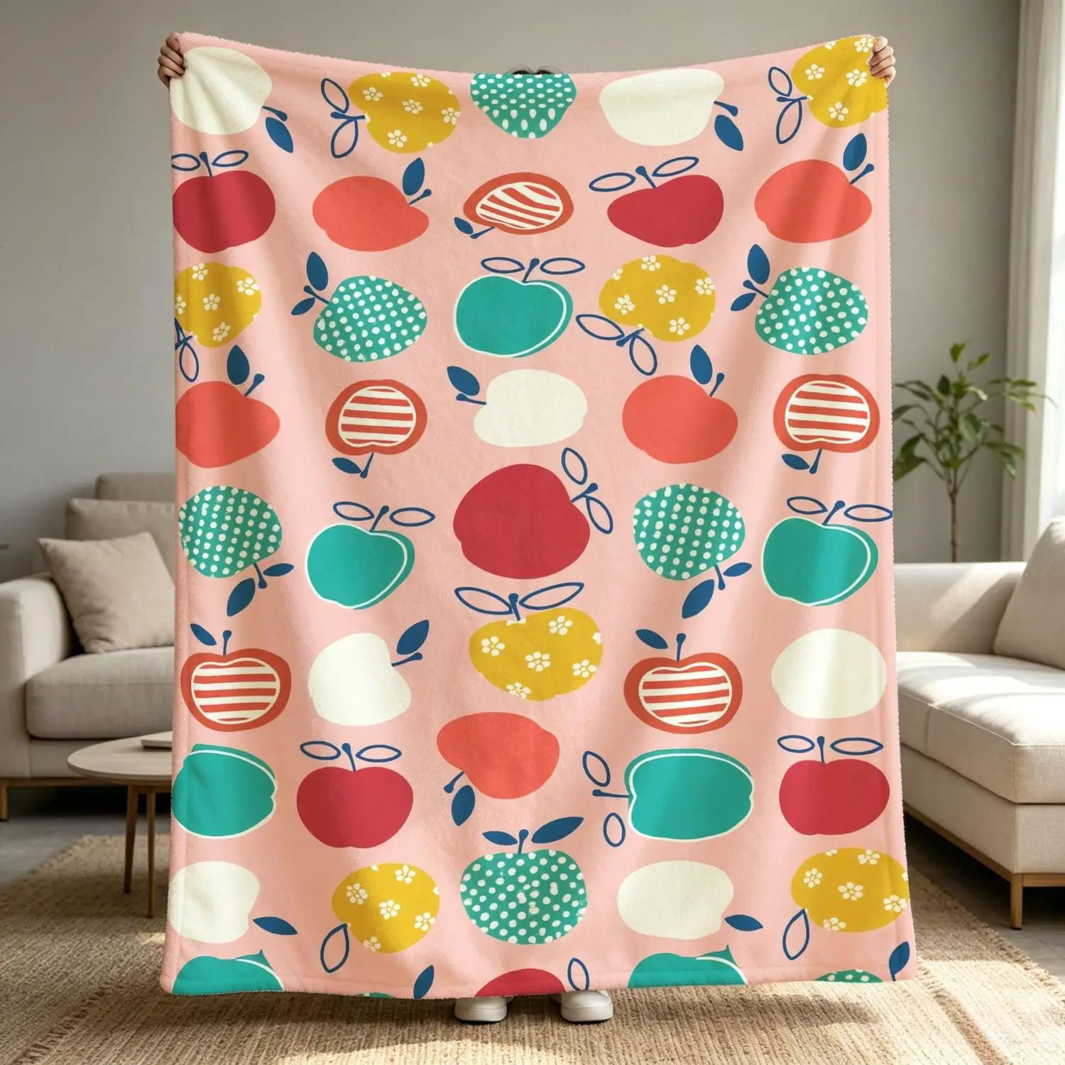 [Flannel Blanket] Apple-Patterned Blanket, Retro Polka Dot Blanket, Pink-Blue-Green Series, Warm and Cozy Gift for Couples