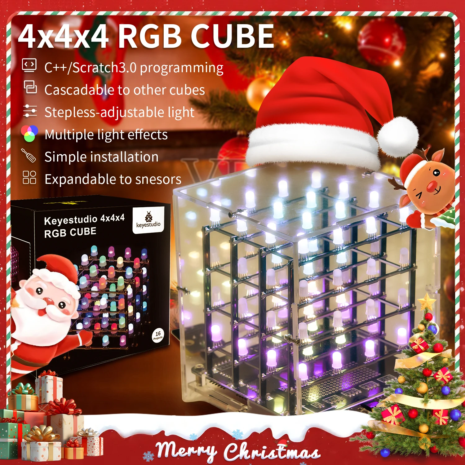 Keyestudio 4x4x4 DIY RGB LED Cube Electronic Kit For Arduino Leonardo Support Scratch Programming  Potentiometer Voice Control