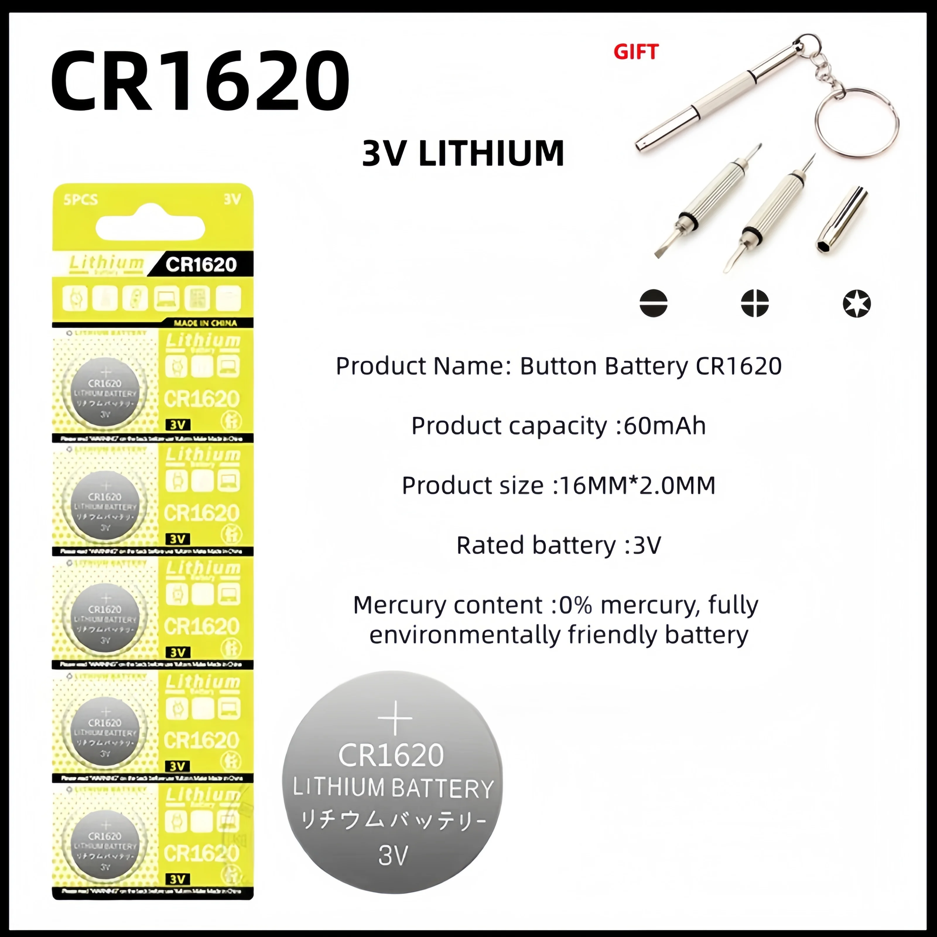 

CR1620 3V Lithium Battery Button Battery Compatible with For Watch Key Fob Calculator Car Remote Remote Control Toys